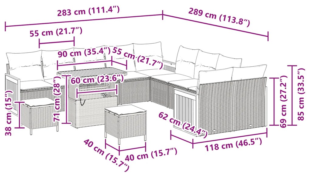 Conjunto de Sofá de Jardim vidaXL de 13 Peças com Almofadas Preto Vime