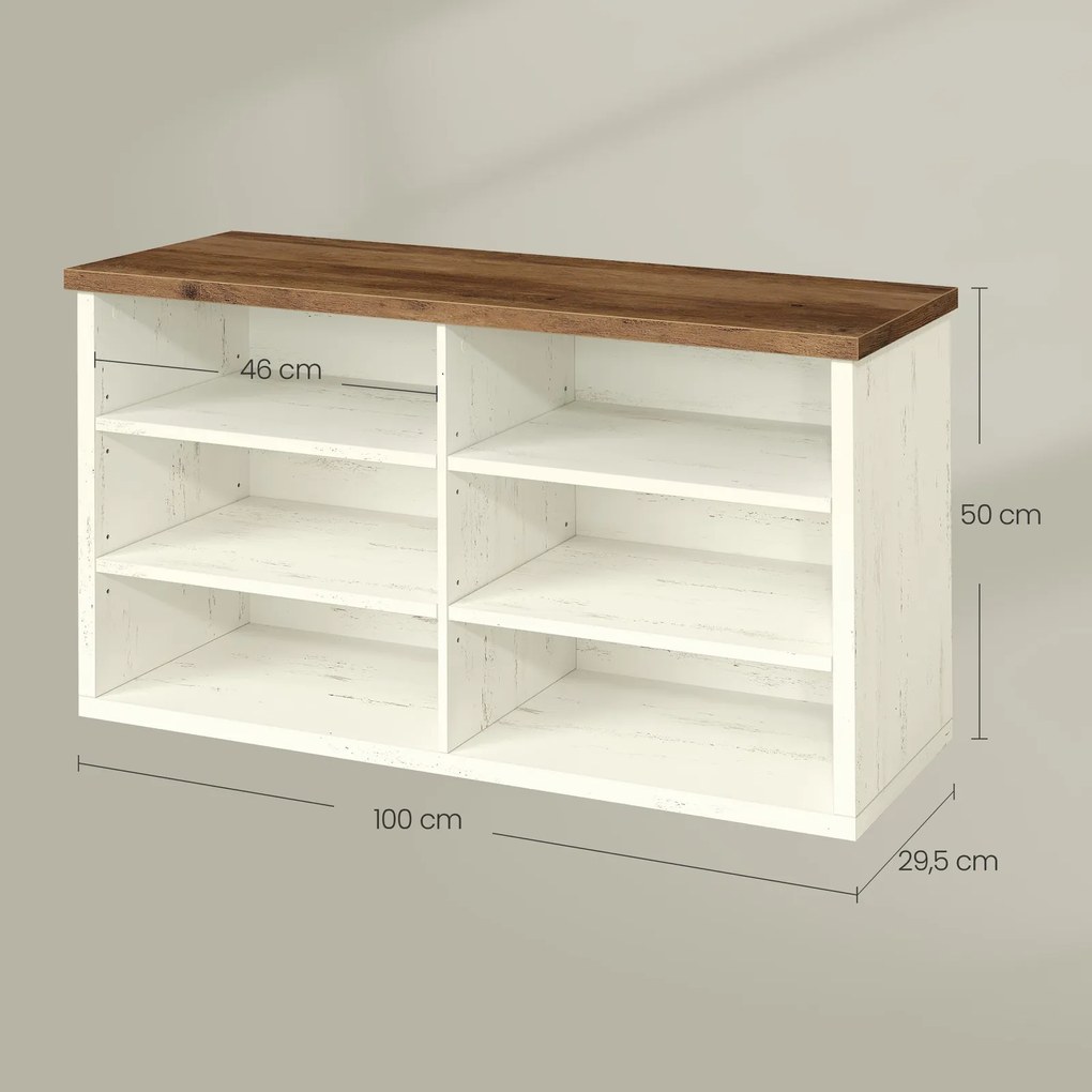 Banco arrumação para sapatos com banco 29,5 x 100 x 50 cm, compartimentos ajustáveis, 6 prateleiras Branco-castanho