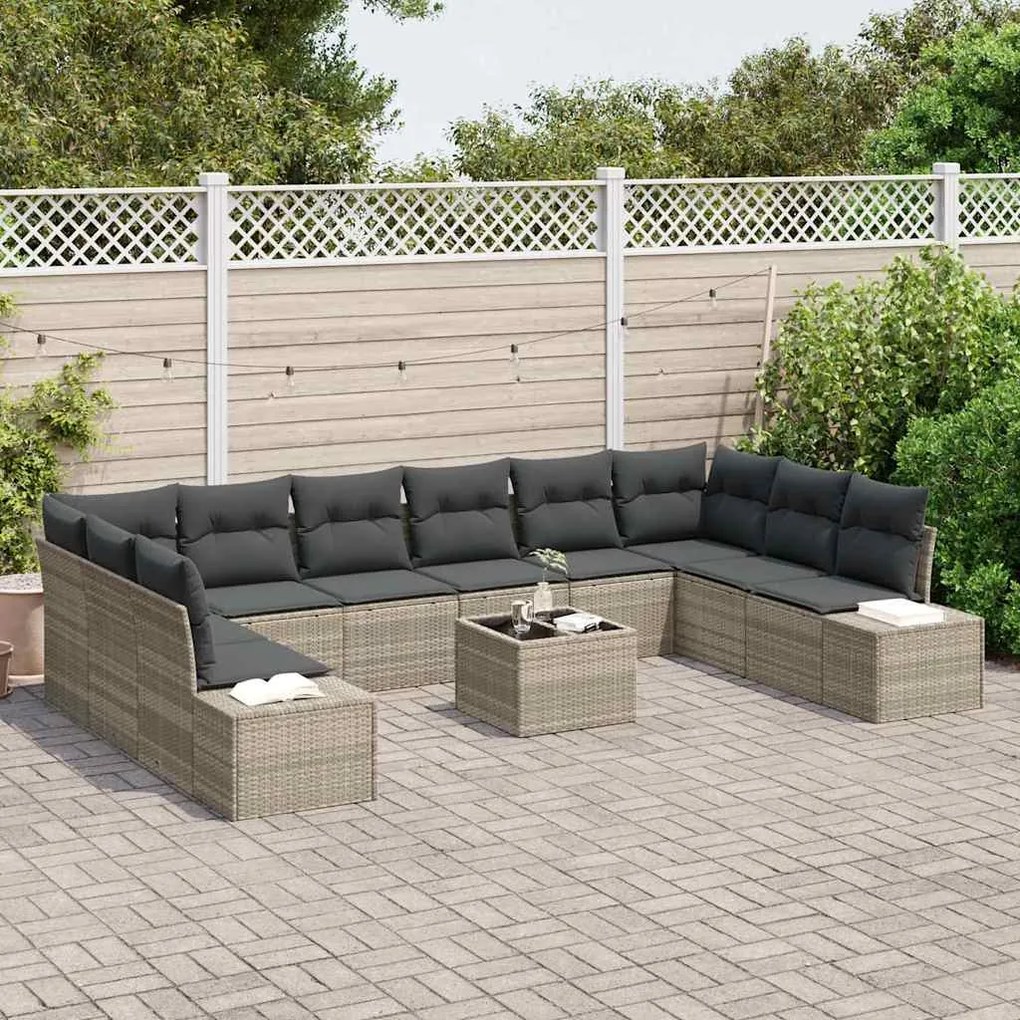 Conjunto de Sofá de Jardim de 11 Peças com Almofadas Cinza Polirattan
