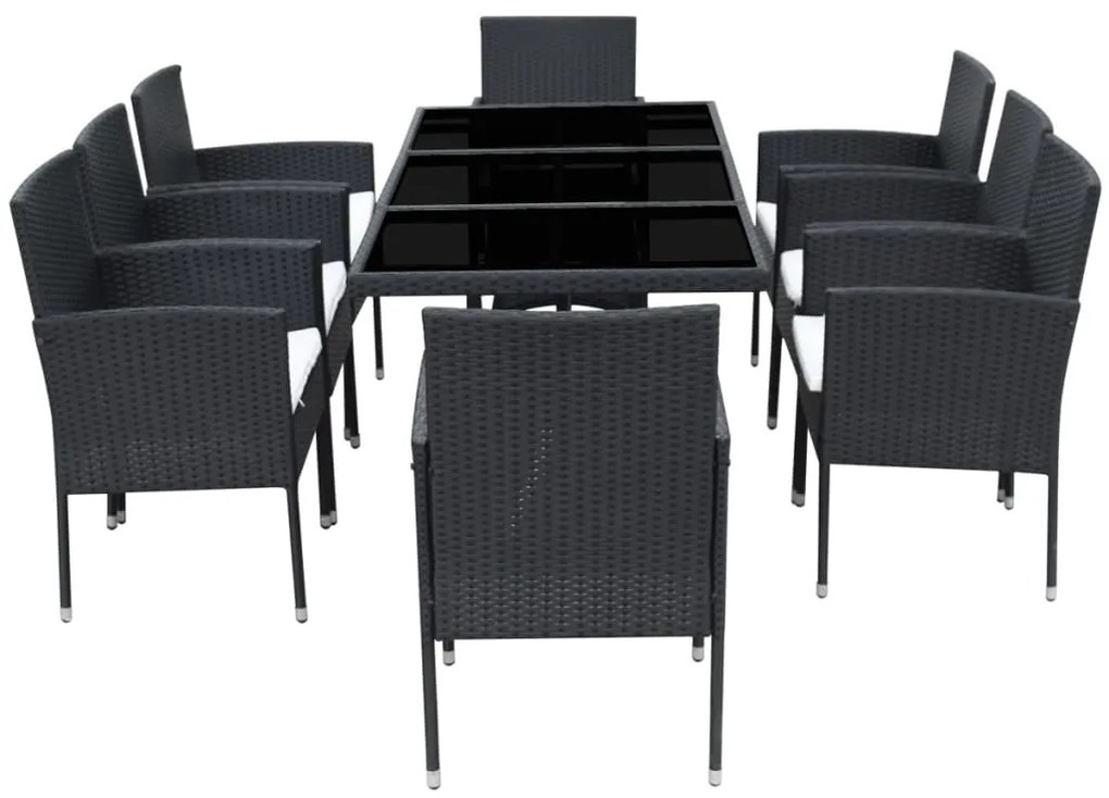 9 pcs conjunto jantar exterior com almofadões vime PE preto
