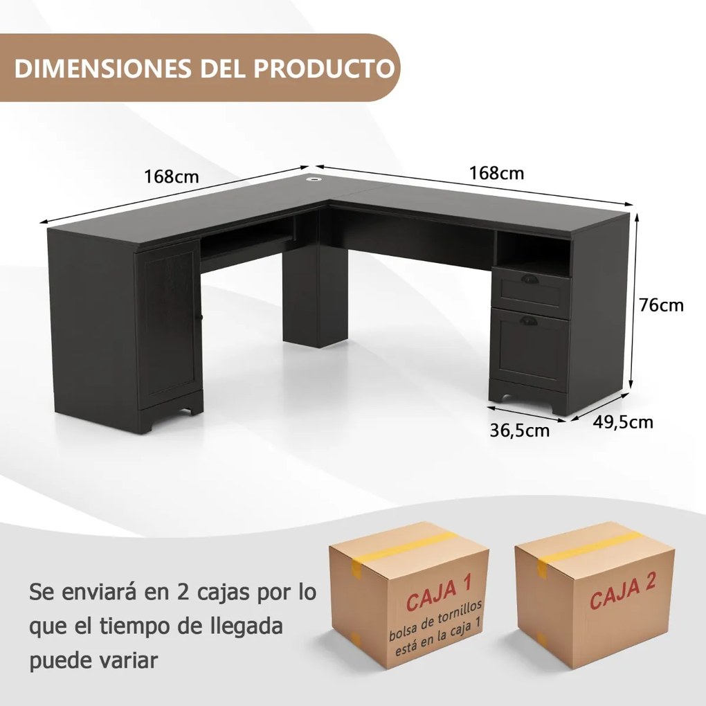 Secretaria computador de canto em L com gavetas e bandeja para teclado para escritorio 168 x 168 x 76 cm Preto