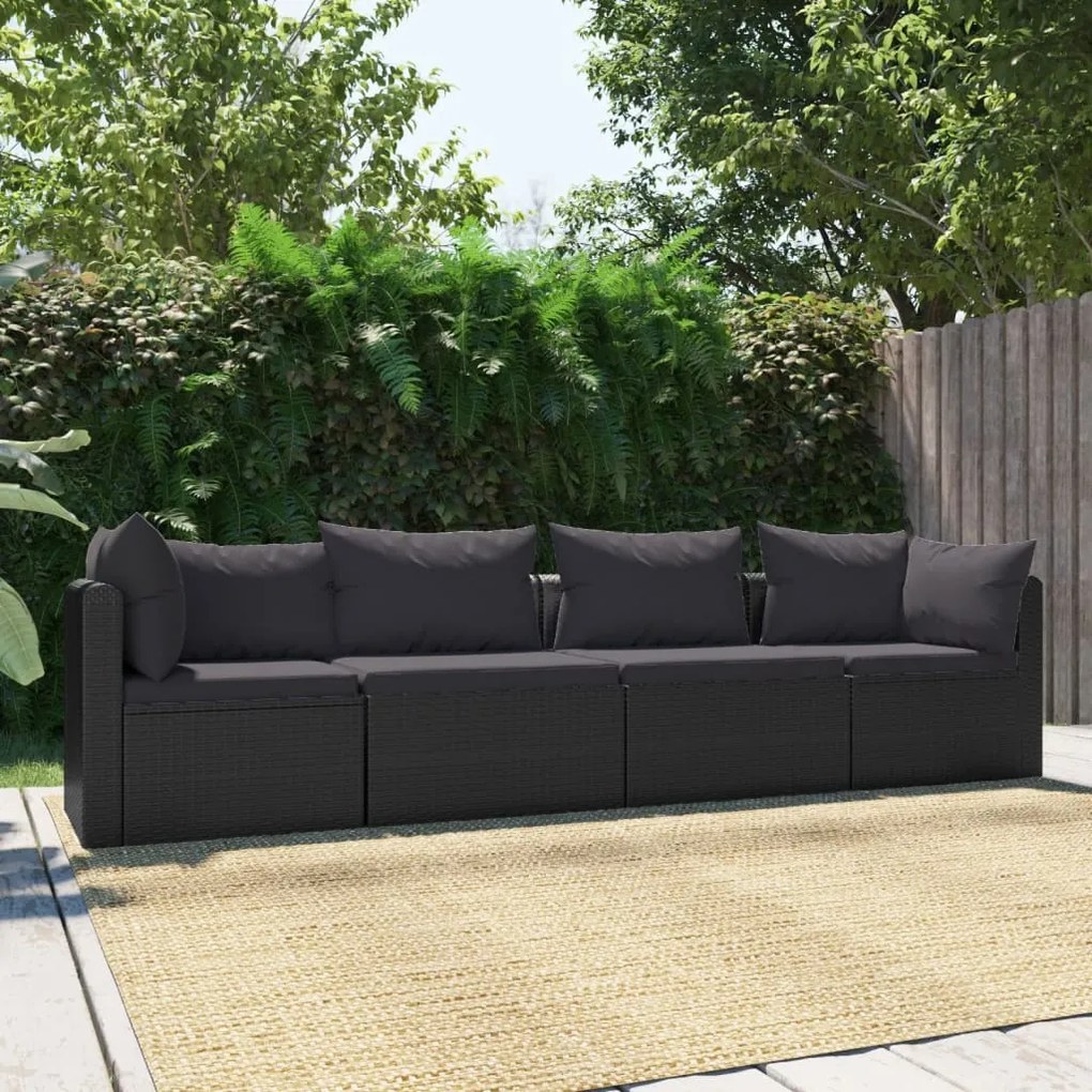 vidaXL 4 pcs conjunto sofás de jardim c/ almofadões vime PE preto