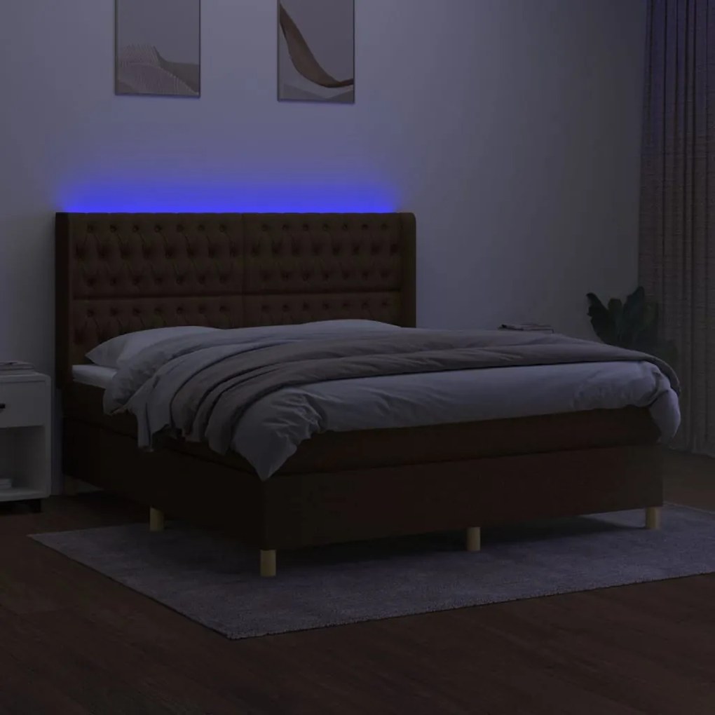Cama box spring c/ colchão/LED 160x200cm tecido castanho-escuro