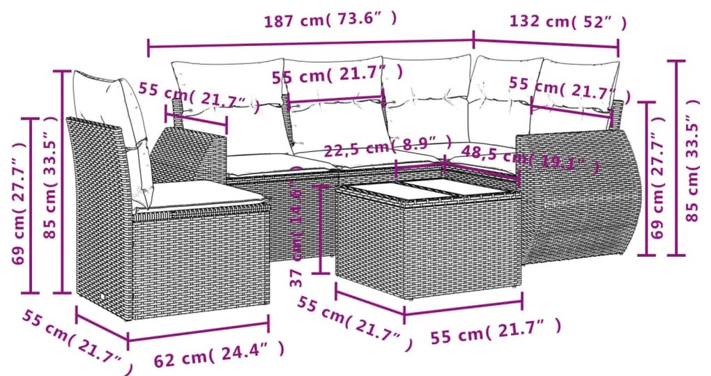 6 pcs conjunto de sofás p/ jardim com almofadões vime PE bege