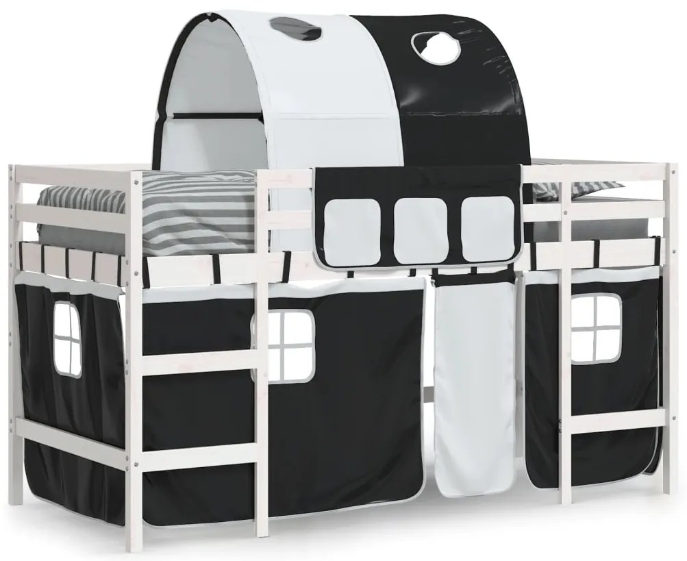 Cama alta criança c/ túnel 90x190 cm pinho maciço branco/preto