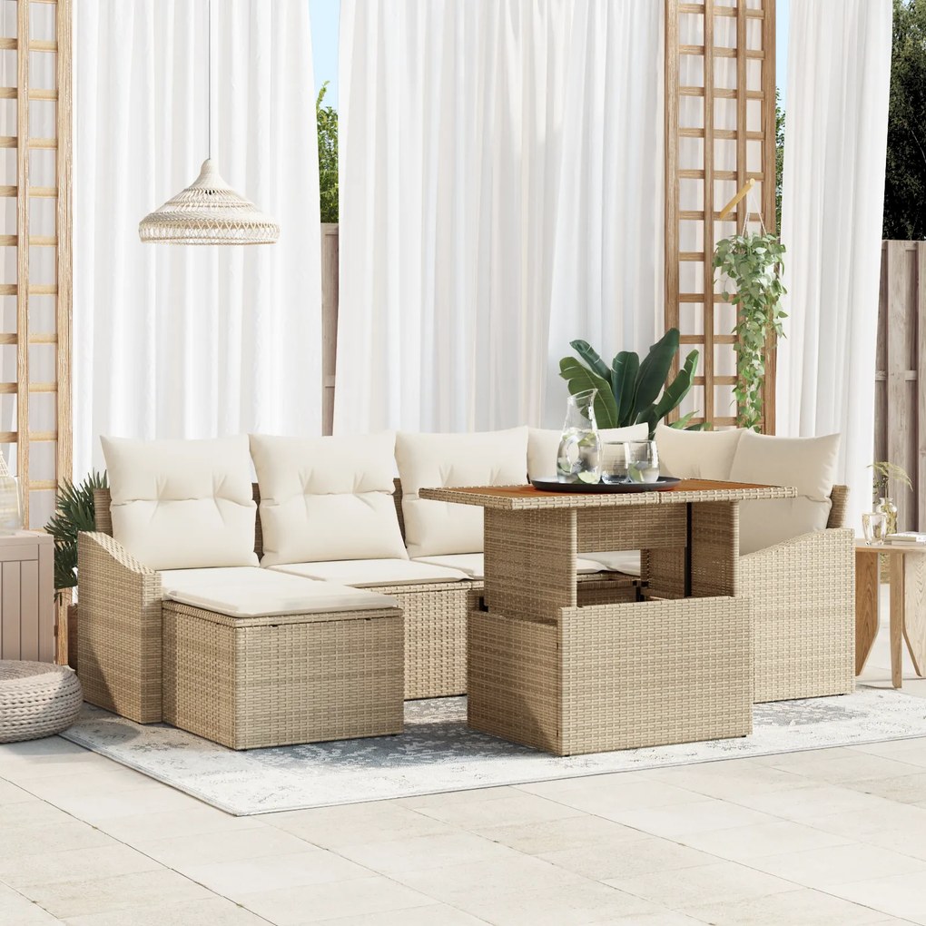 Conjunto de Sofás de Jardim de 7 Peças com Almofadas Bege de Poli Ratt