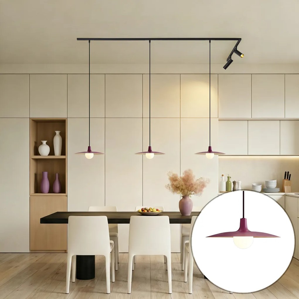 Sistema de iluminação de trilho moderno preto com 2 focos e 3 candeeiros suspensos roxos monofásicos - Slimline Uzzy Panzi