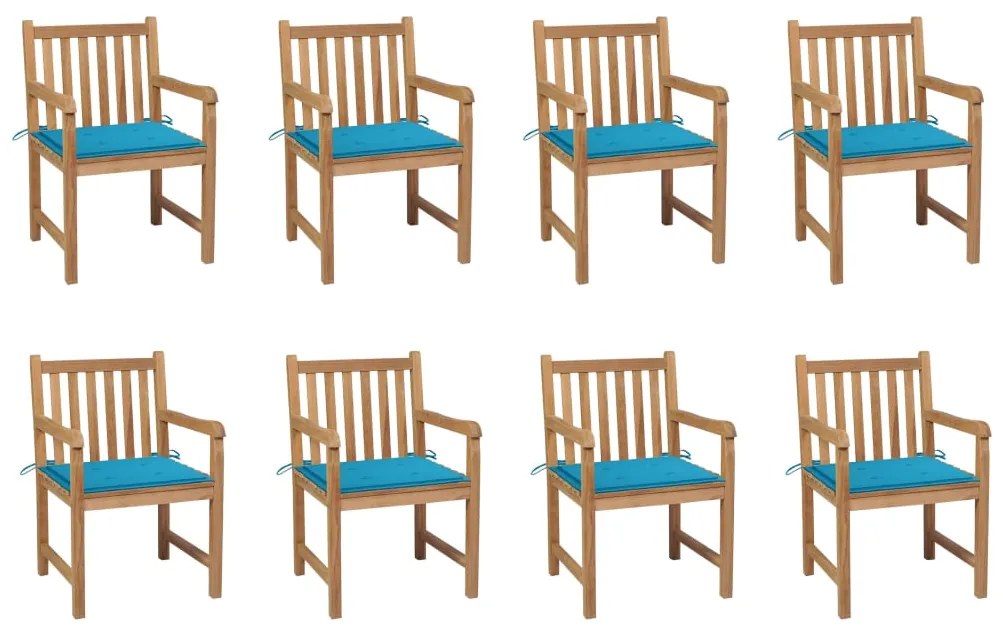 vidaXL Cadeiras de jardim c/ almofadões azul 8 pcs teca maciça