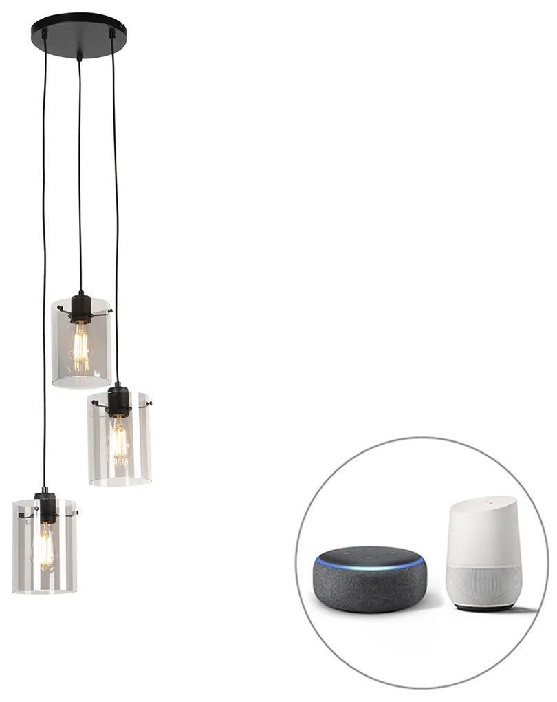 LED Candeeiro de suspensão inteligente preto com vidro fumê incl. 3 Wifi ST64 - Dome Design