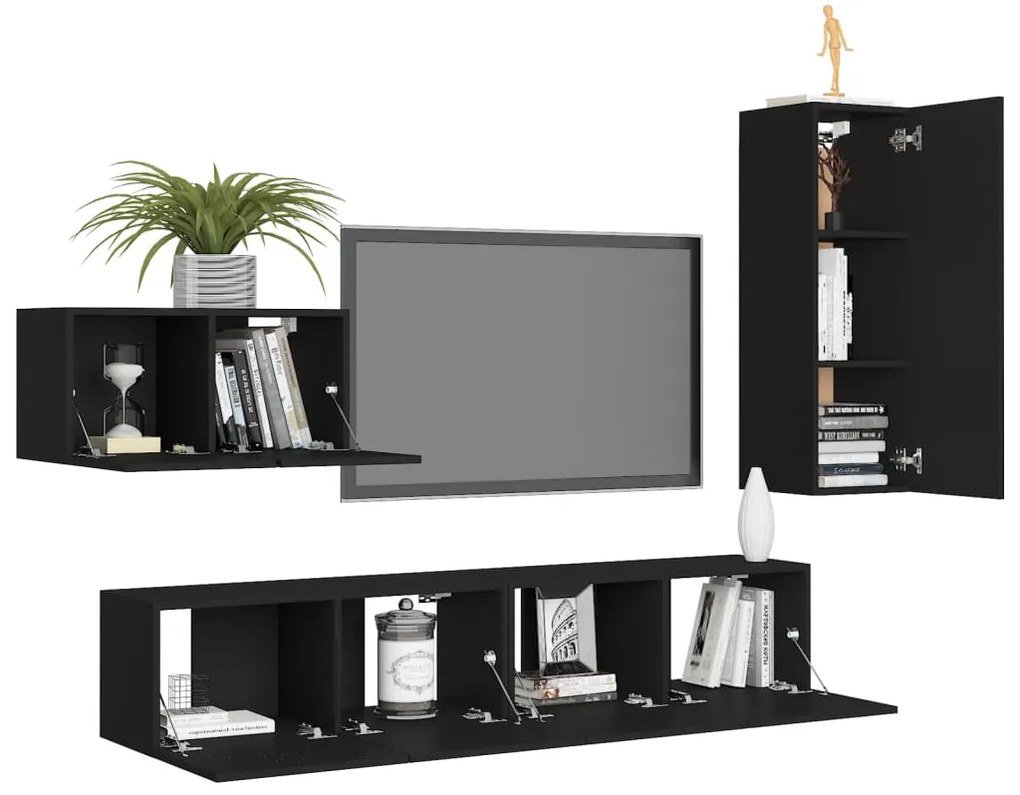 4 pcs conjunto de móveis de TV derivados de madeira preto