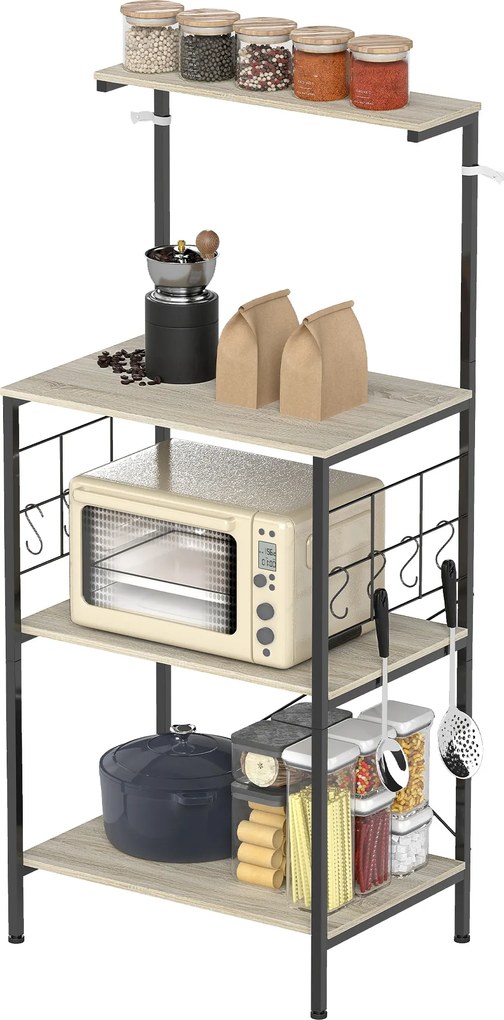 Armario de cozinha, suporte para micro-ondas, com painel em rede, 8 ganchos, 60 x 42 x 134,5 cm, carvalho