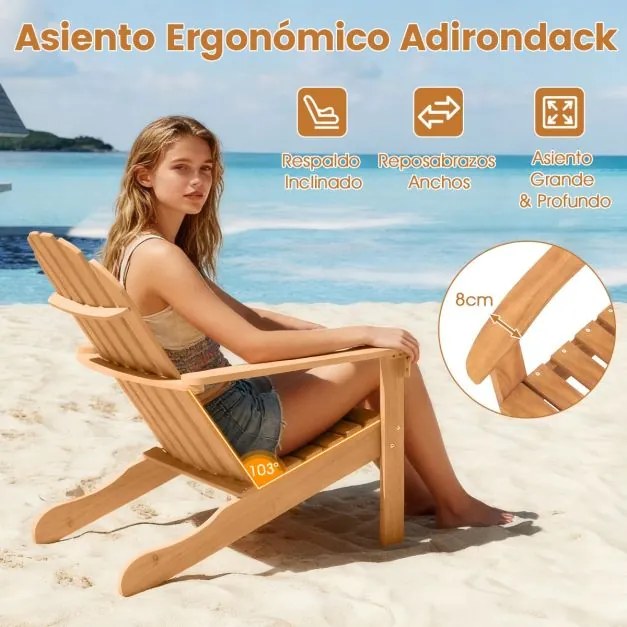 Cadeira Jardim Adirondack em madeira de acácia com assento inclinado e encosto alto ergonómico; ideal para varandas, jardins e piscinas natural