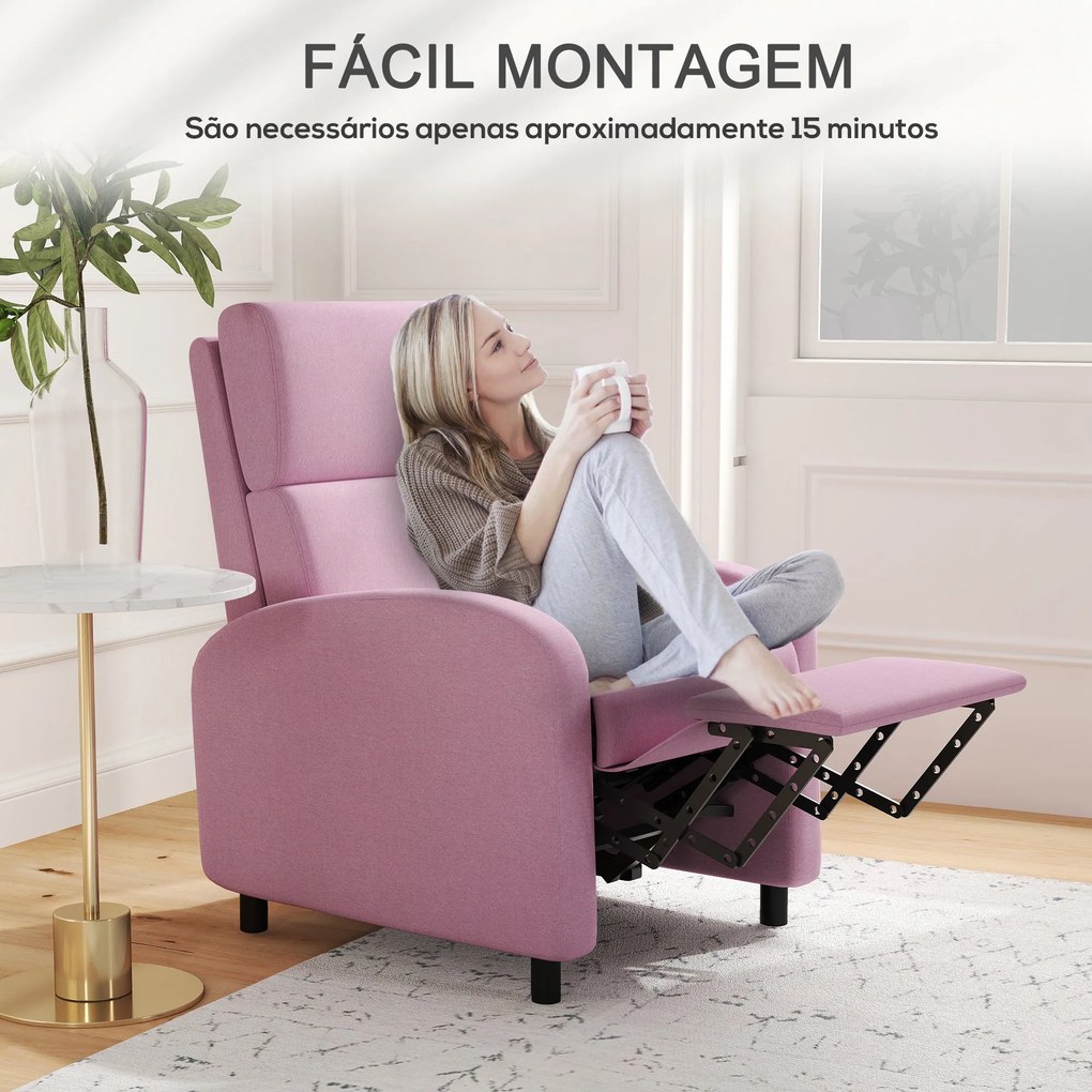 Poltrona Relax Reclinável Manual em Linho – Rosa – 64x86x102 cm