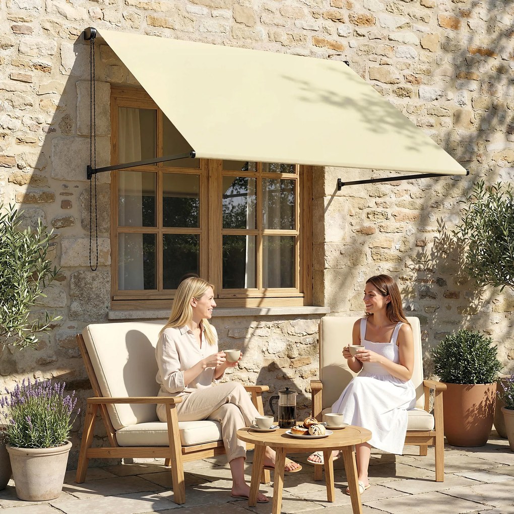 Toldo manual retrátil com inclinação ajustável, 150 x 116 cm, proteção UV, alumínio e poliéster, cor creme