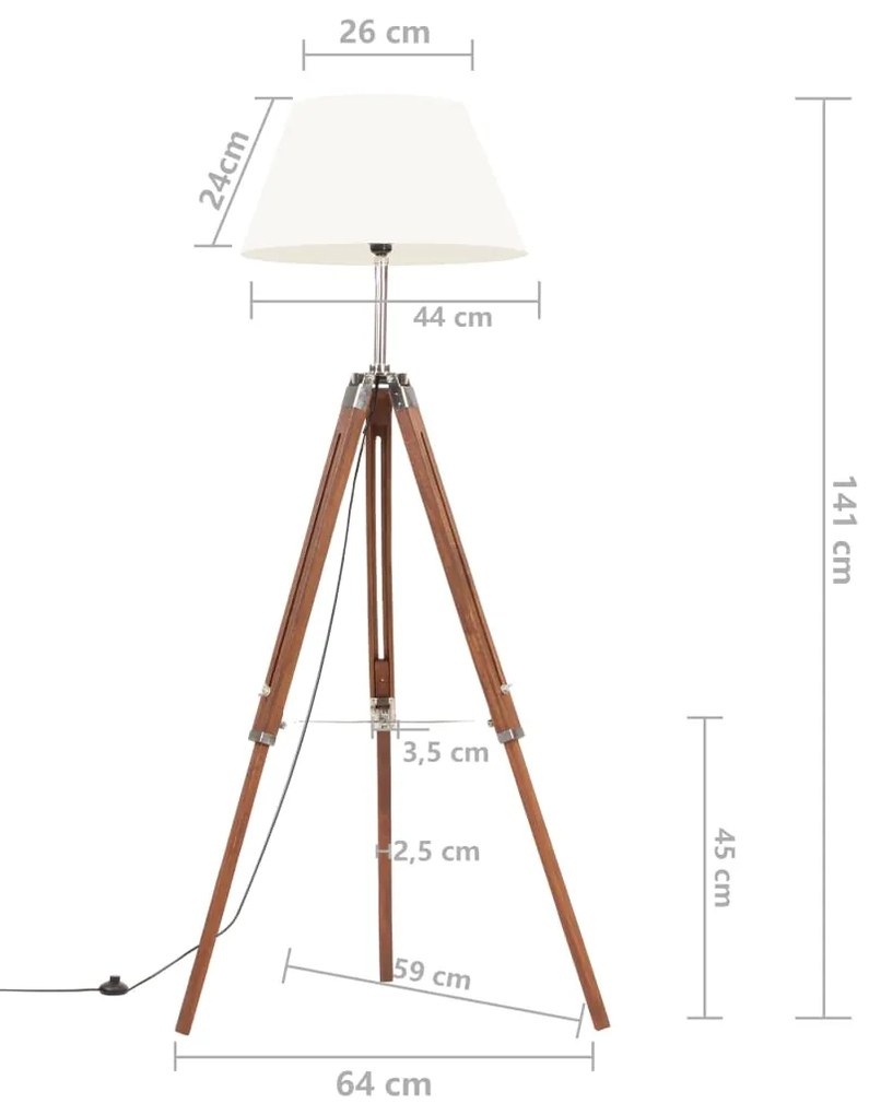 Candeeiro de chão tripé 141 cm teca maciça castanho mel/branco