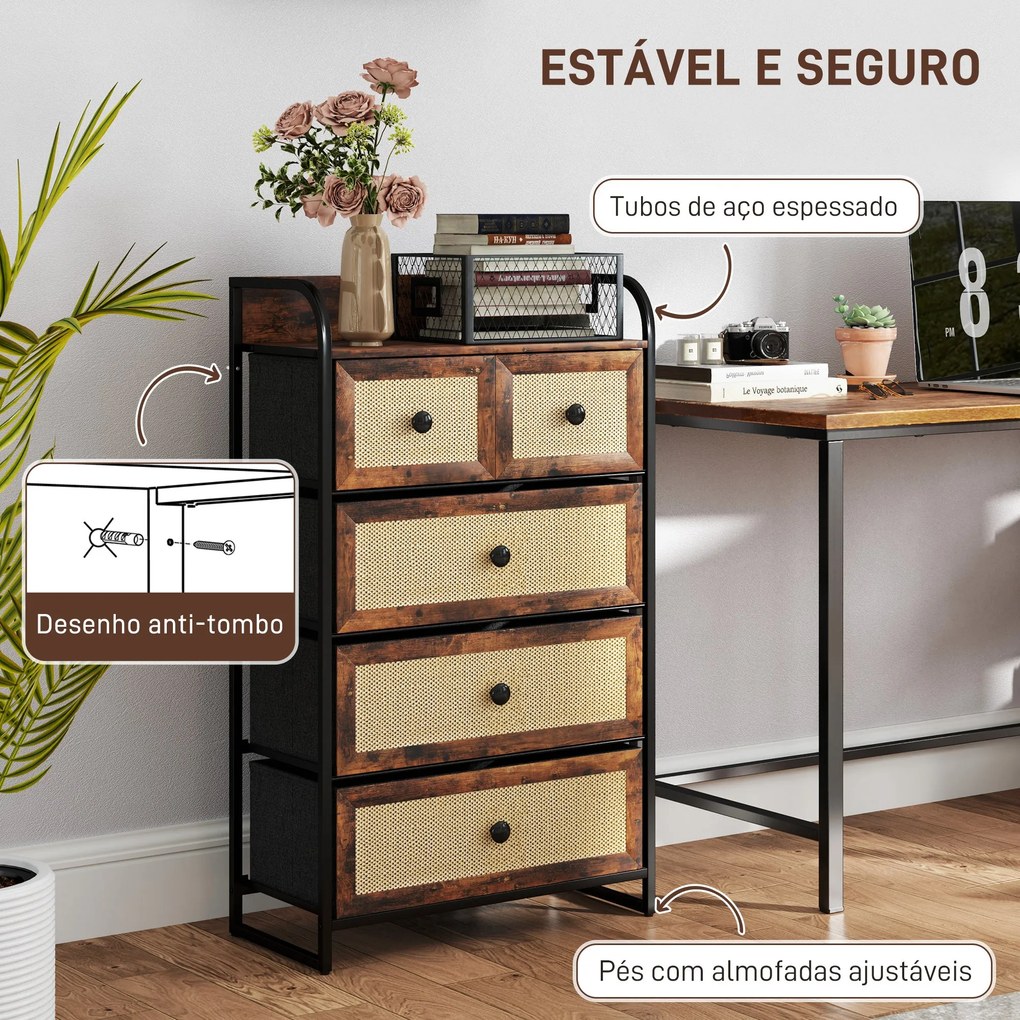 Cómoda "Freya" com 5 Gavetas e Frente em Vime - Castanho Rústico e Pre