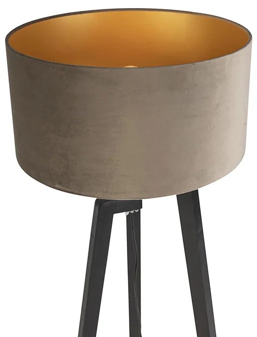 Candeeiro de pé tripé preto com cúpula bege e dourado 50 cm - Puros