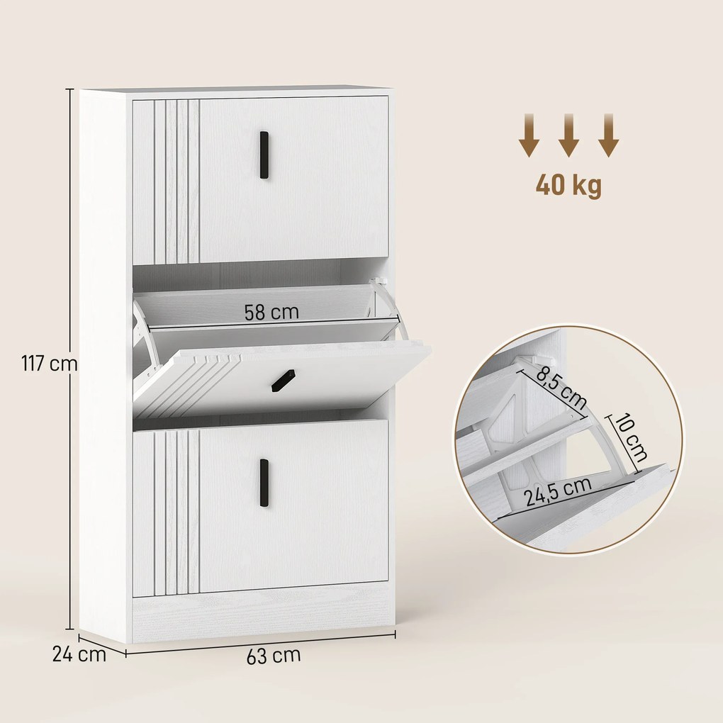 Sapateira com 3 portas 63 x 24 x 117 cm, com capacidade para 18 pares, de madeira, , branca
