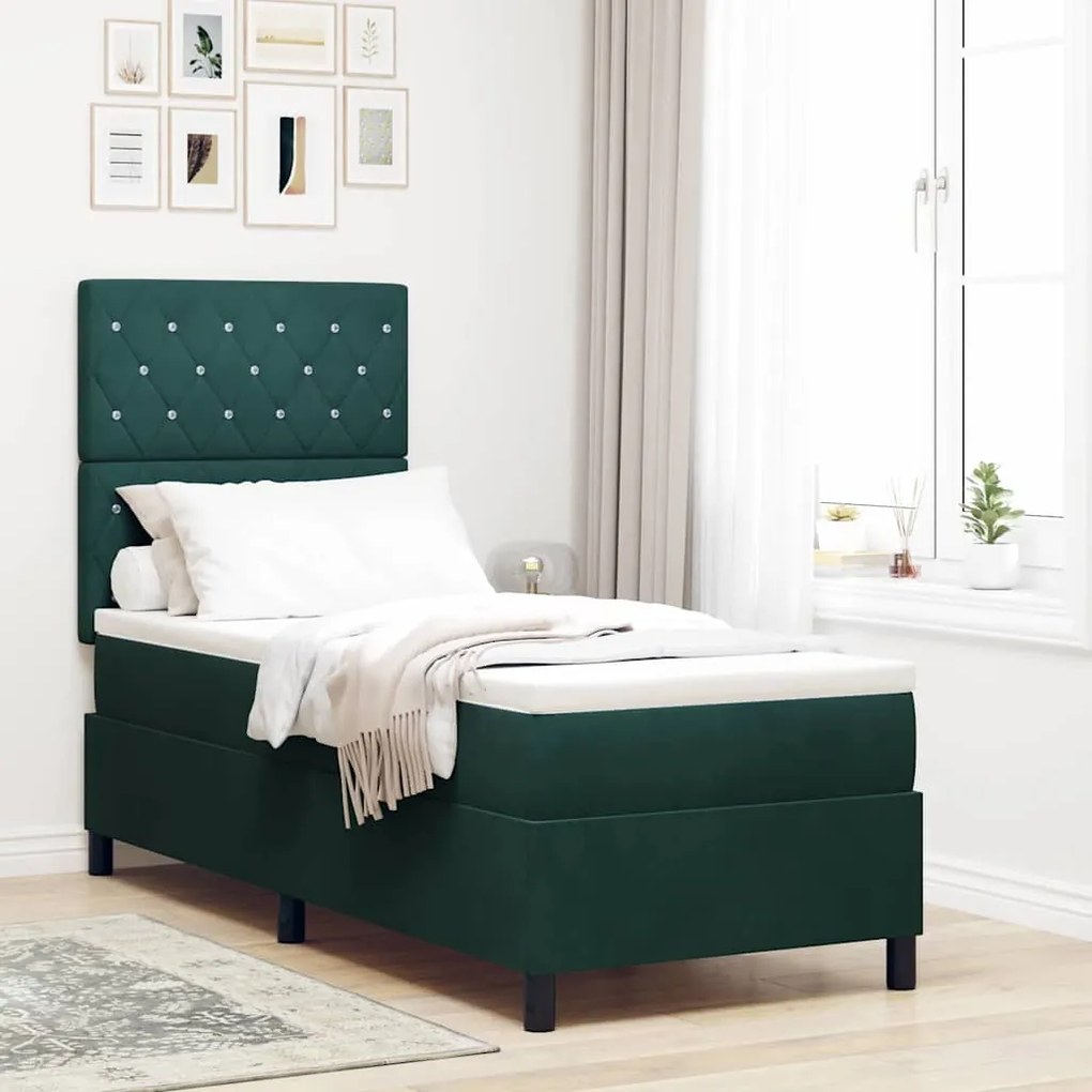 vidaXL Cama Box Spring LED com colchão Verde Escuro 80 x 200 cm tecido