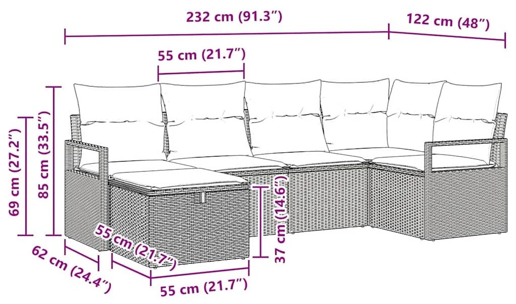 Conjunto de Sofá de Jardim vidaXL 6 Peças com Almofadas Preto Rattan S