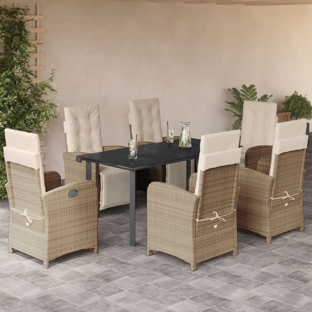 7 pcs conjunto de jantar p/ jardim com almofadões vime PE bege