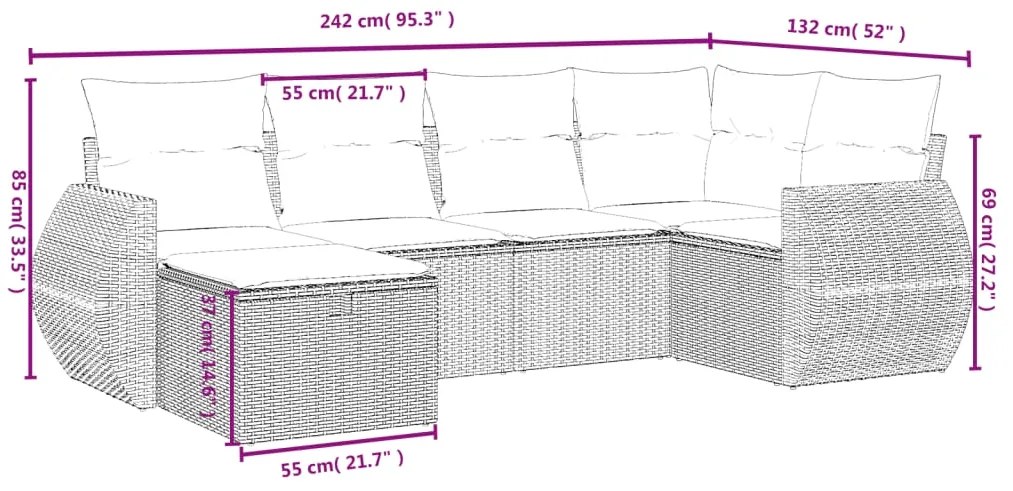 6 pcs conjunto de sofás p/ jardim com almofadões vime PE bege