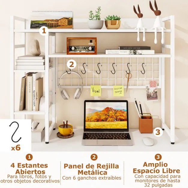 Estante de secretária sobre mesa com 4 níveis e compartimento aberto na parte traseira, 6 ganchos  94 x 25 x 73,5 cm branca
