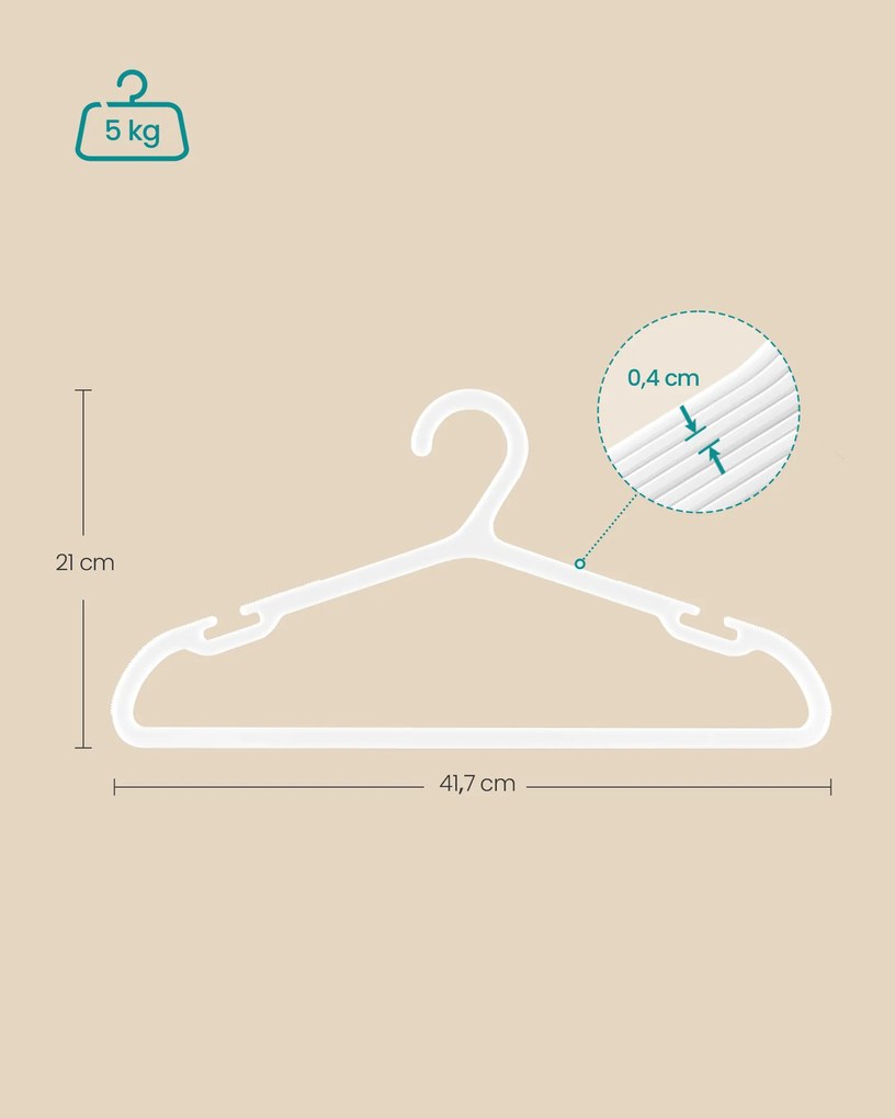 Conjunto de 50 cabides de plástico 41,7 x 21 cm branco