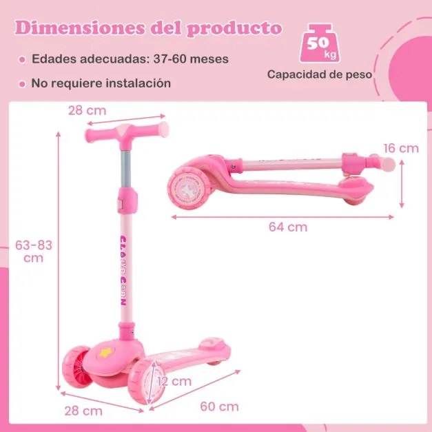 Trotinete Dobrável para Crianças 37-60 Meses com Rodas PU Luz LED Travão Traseiro Inclinação Direção Guiador Ajustável Púrpura