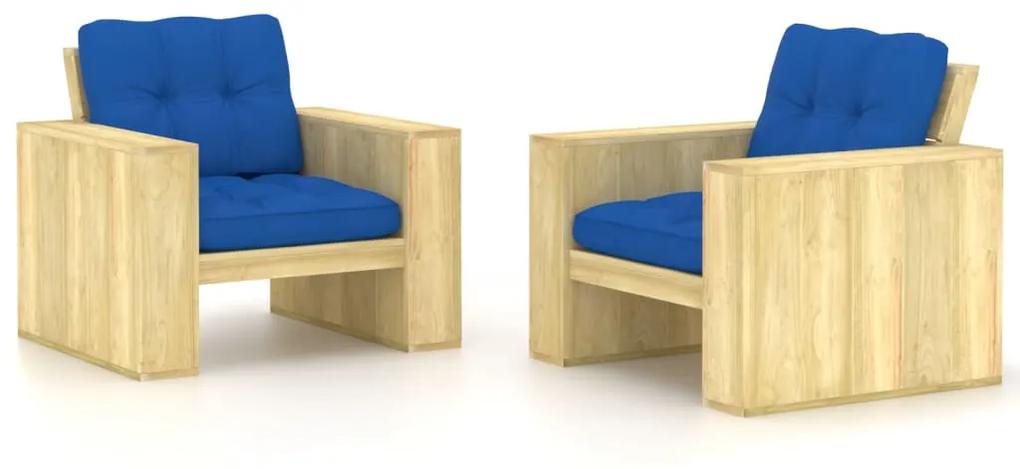 Cadeiras jardim 2 pcs c/ almofadões azul real pinho impregnado