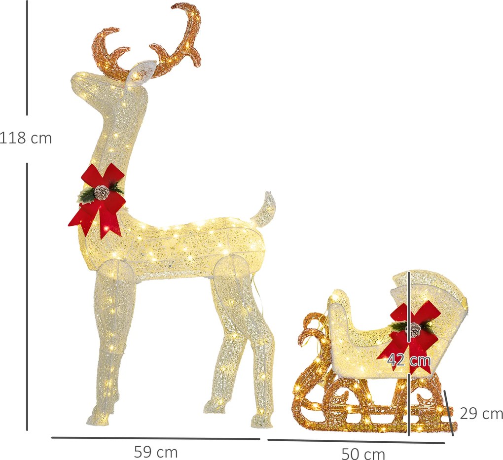 Rena com Trenó Luminoso Decoração de Natal com 170 LED Branco Quente Iluminação Natalícia 50x29x42 cm Multicor