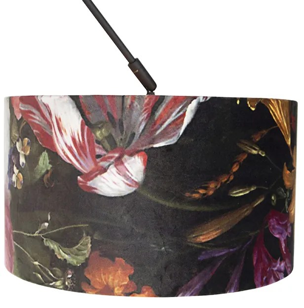 Candeeiro de suspensão preto com cúpula em veludo flores com dourado 35 cm - Blitz Clássico / Antigo