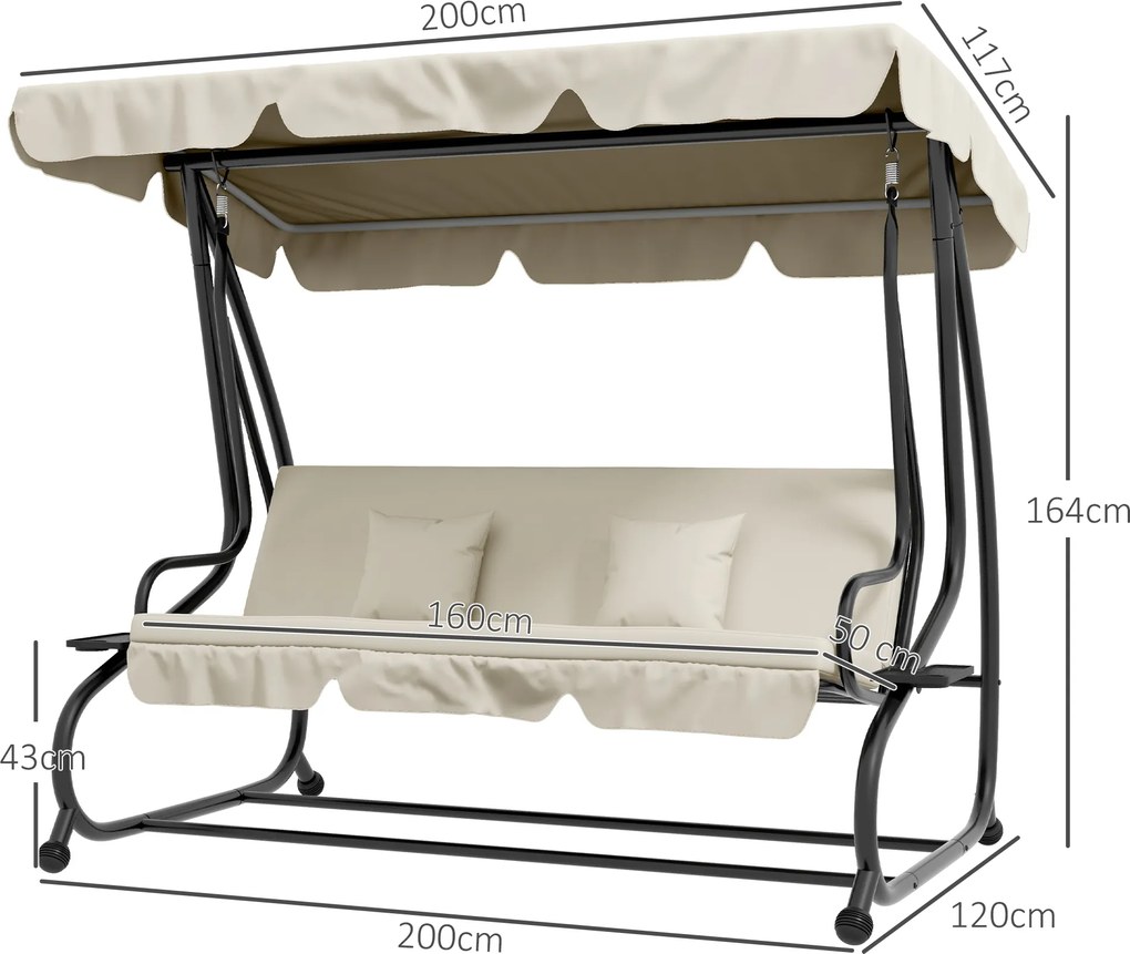 Banco Baloiço de Jardim 3 Lugares Convertível em Cama com Toldo Ajustável e 2 Almofadas  200x120x164 cm Creme
