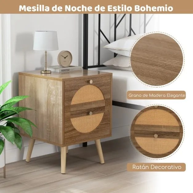 Conjunto de 2 mesas de cabeceira em rattan com 2 gavetas de estilo boémio com pernas em madeira maciça para sala de estar e quarto Natural