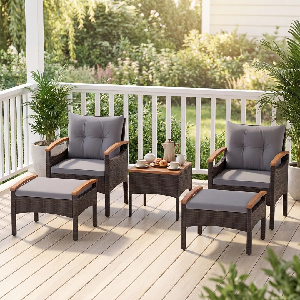 Conjunto  de jardim de 5 peças em vime e rattan, com 2 poltronas, 2 pufes, mesa em madeira de acácia Castanho misturado e cinzento