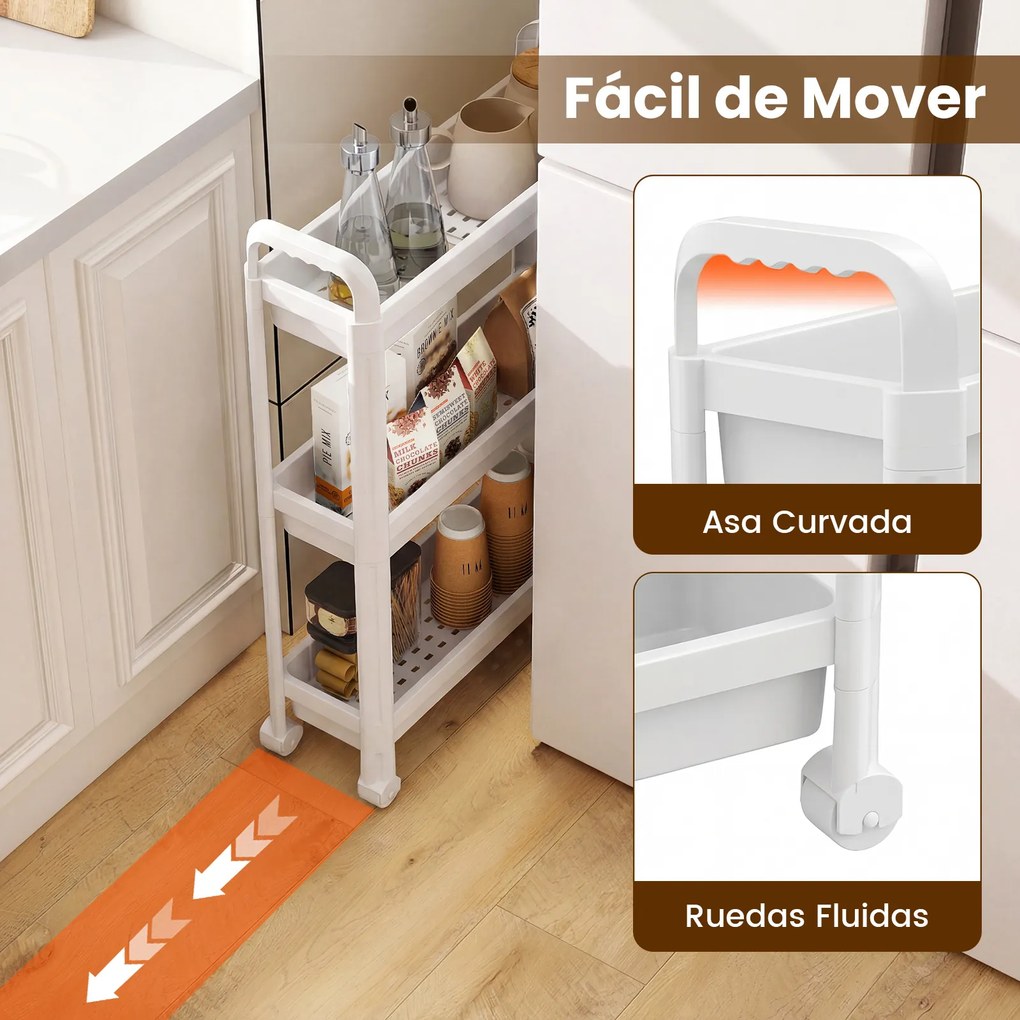 Carrinho estreito de 3 níveis com rodas e pegas54×18,5×76 cm Organizador móvel para cozinha, casa de banho, lavandaria e escritório Branco