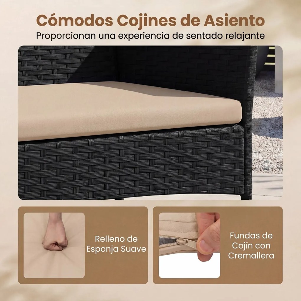 Conjunto de jardim em rattan de 4 peças, com 2 poltronas, sofá de 2 lugares, mesa auxiliar e almofadas de espuma, para alpendre, pátio ou terraço, Pre