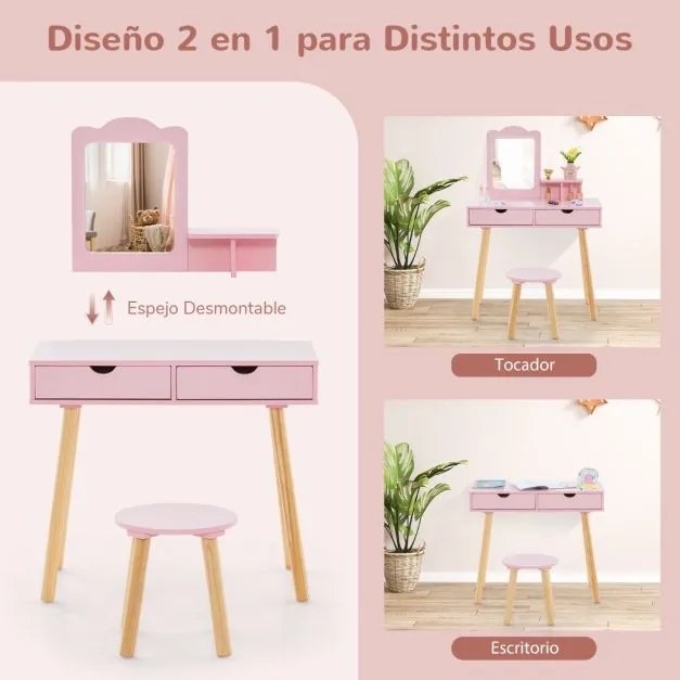 Toucador e banco de madeira para crianças com espelho retangular e 2 gavetas grandes 70 x 34 x 100 cm Rosa