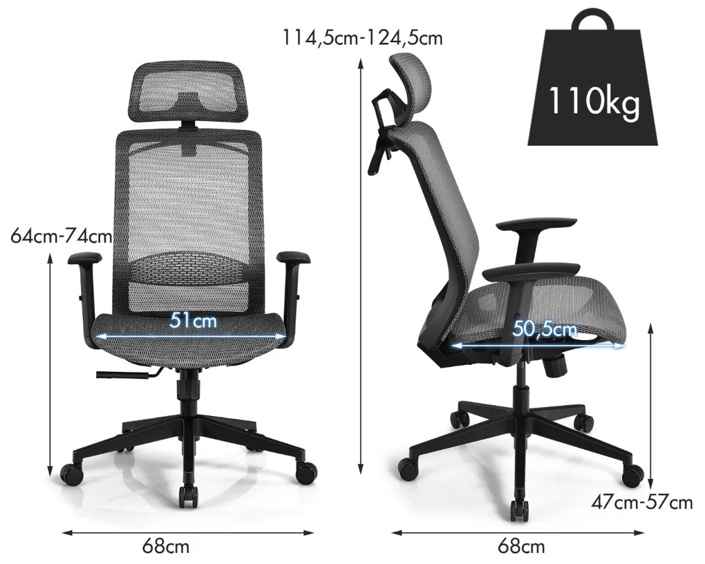 Cadeira Giratória Ergonómica de Rede de Escritório com Encosto Alto e Suporte Lombar Ajustável 68 x 68 x 114,5-124,5 cm Cinzento