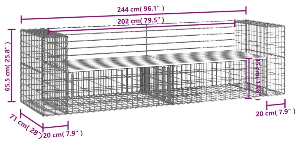 Banco jardim design gabião 244x71x65,5cm madeira douglas maciça