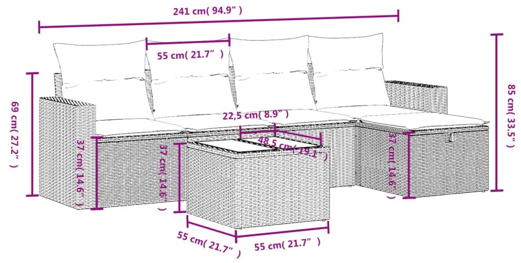 6 pcs conj. sofás jardim com almofadões vime PE cinzento-claro