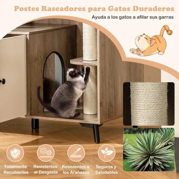 Móvel 5 em 1 para caixa de areia gatos 100 x 51 x 91 cm com 3 postes de sisal para arranhar, suporte com 5 pés metálicos Cinza + Branco