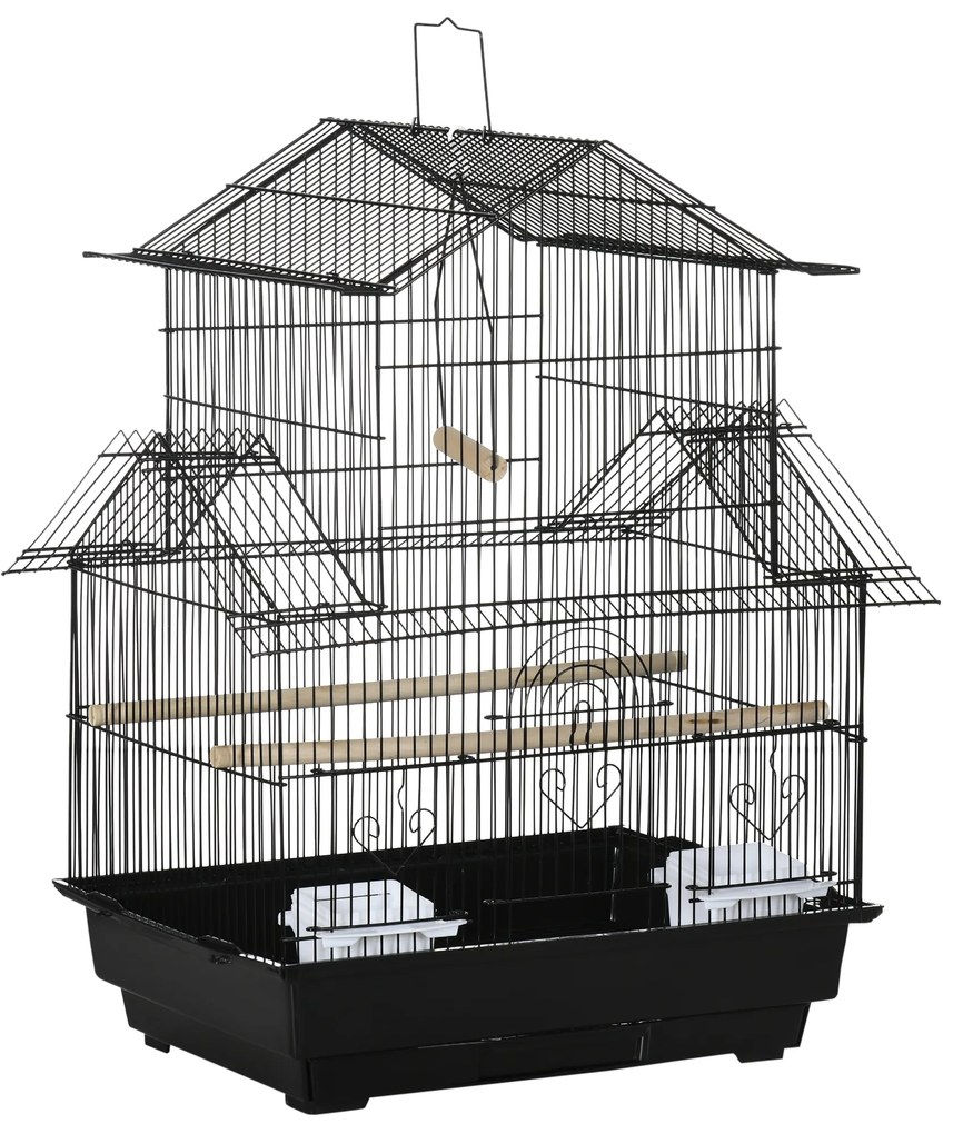 PawHut Gaiola para Pássaros de Metal com Bandeja Amovível 2 Comedouros e Poleiros 50,5x41x63cm Preto