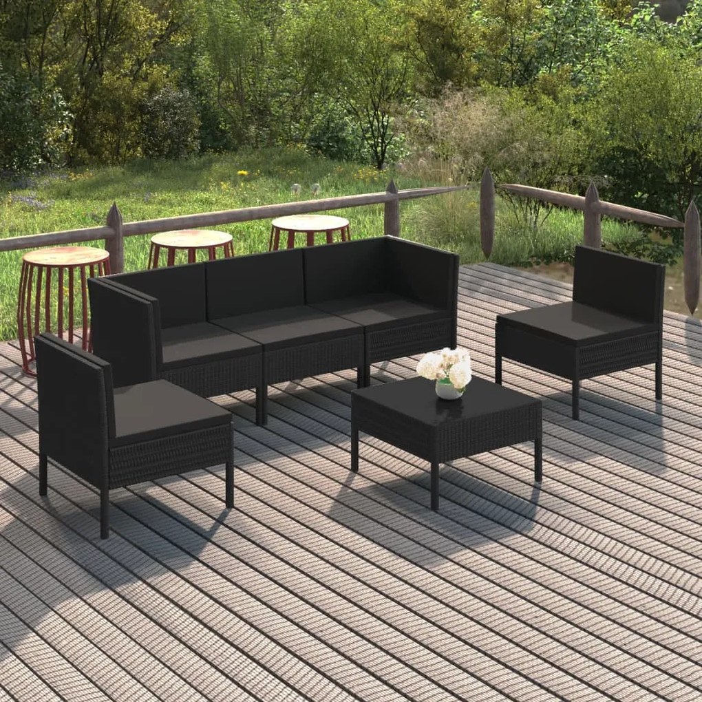 vidaXL 6 pcs conjunto lounge de jardim c/ almofadões vime PE preto