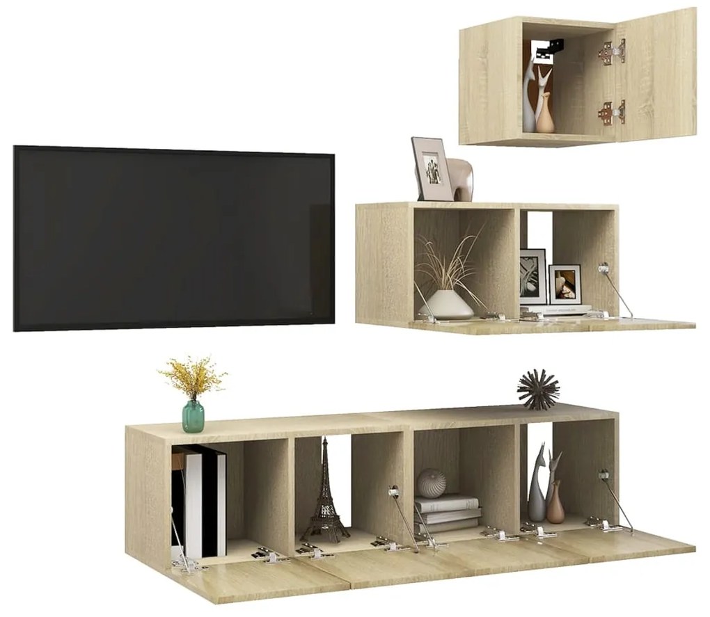 4 pcs conjunto de móveis de TV contraplacado carvalho sonoma