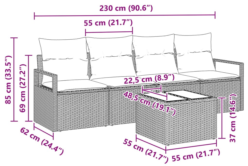 Conjunto de Sofá de Jardim vidaXL de 5 Peças com Almofadas Preto Vime