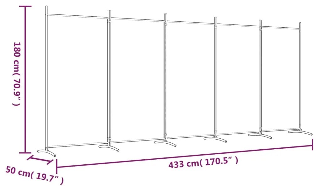 Divisória de quarto com 5 painéis 433x180 cm tecido castanho