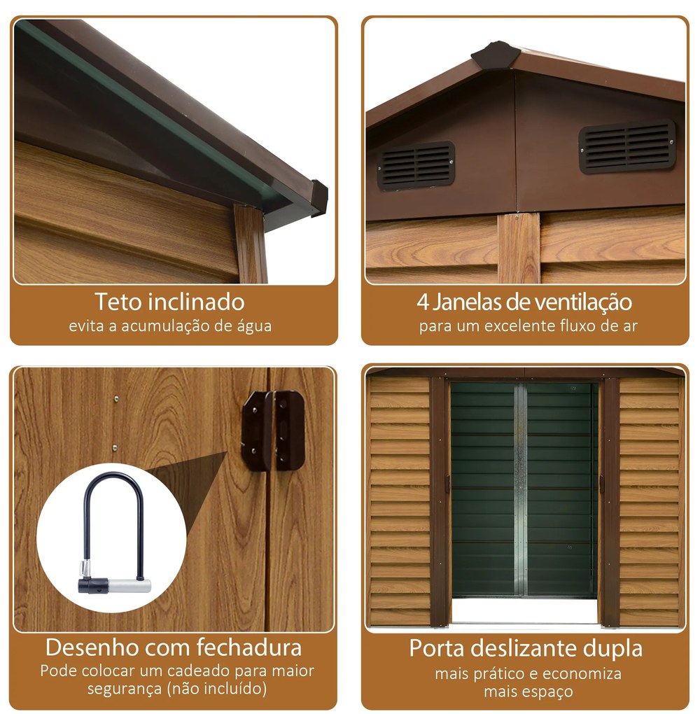 Abrigo de Jardim 3m² 152x235,7x208,7 cm com 2 Portas de Correr e 4 Janelas de Ventilação Madeira e Castanho