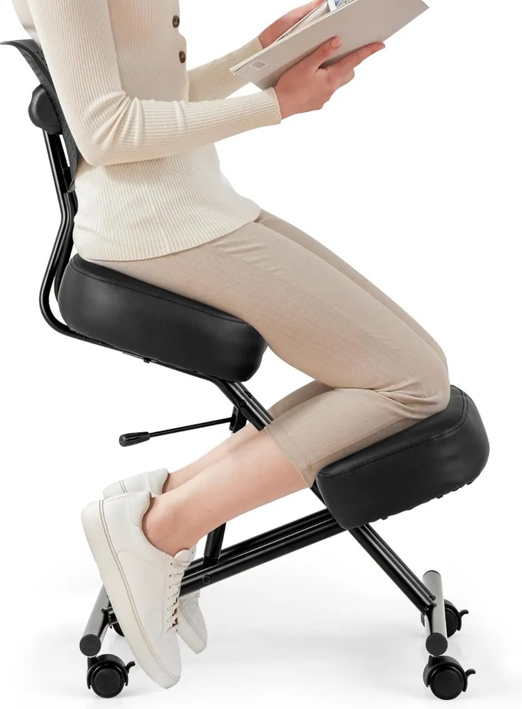 Cadeira escritorio ergonómica com apoio para os joelhos, encosto inclinado e rodas universais bloqueáveis Preto
