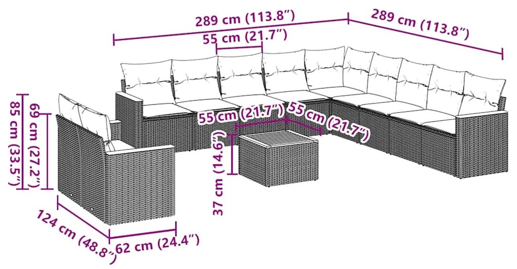 12 pcs conjunto de sofás de jardim c/ almofadões vime PE preto